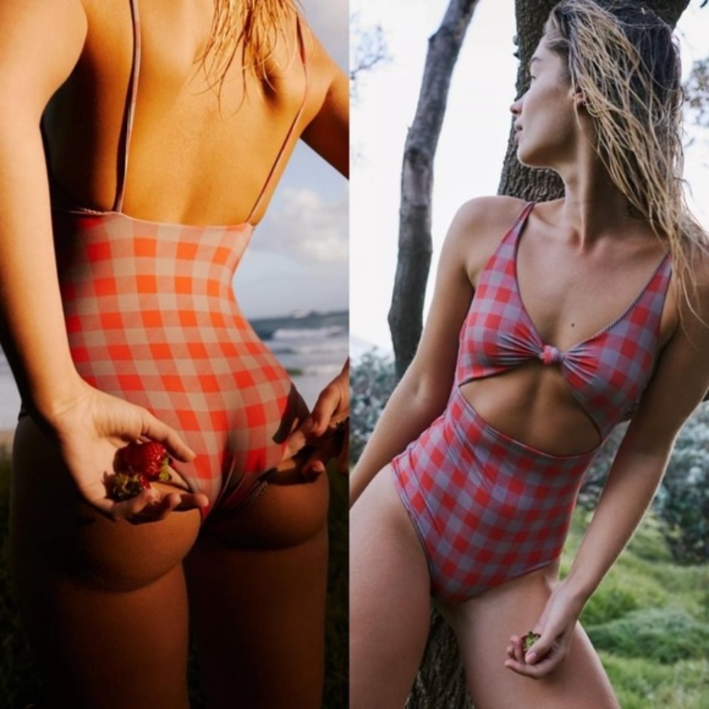 Acacia swimwear checkered gingham red & grey two 2 piece set- bikini swimsuit - Picture 7 of 14